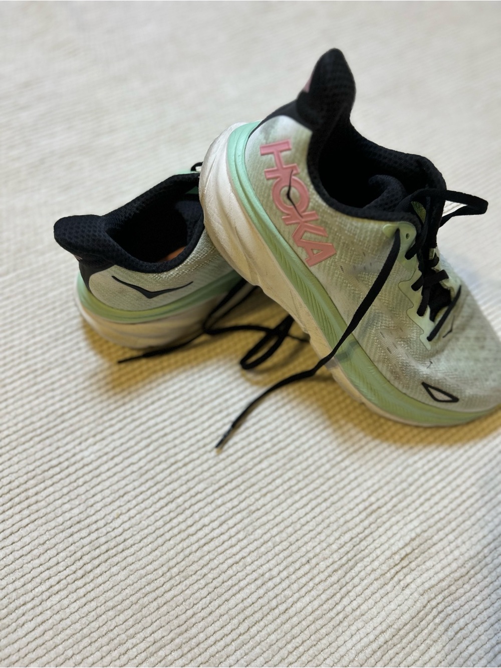 Hoka Women's Mint Green and Pink Logo Running Shoes